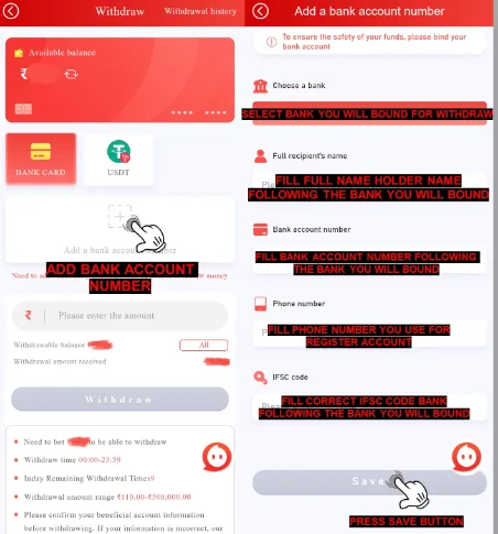  Raja Games app screenshots showing the steps to withdraw funds via bank transfer, including selecting the bank, entering account details, and verifying OTP.