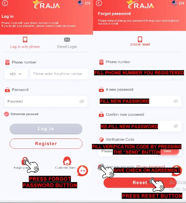 Raja Games password reset instructions, showing steps to reset password using phone number and verification code.