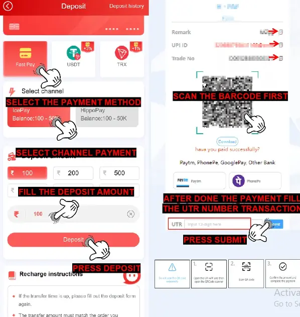 Raja Game deposit guide showing steps to recharge funds using UPI or bank transfer.