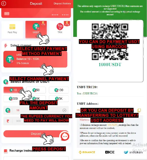 Raja Games deposit guide showing steps to deposit USDT via the app, including selecting the USDT payment method, scanning the QR code, and entering the deposit amount. 