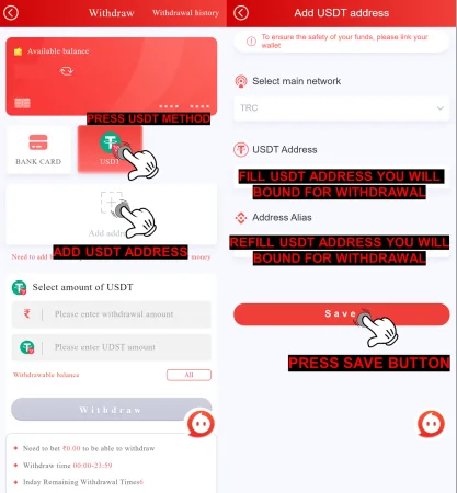 Raja Games app screenshots demonstrating the steps to withdraw USDT, including selecting the network, entering the USDT address, and confirming the withdrawal.