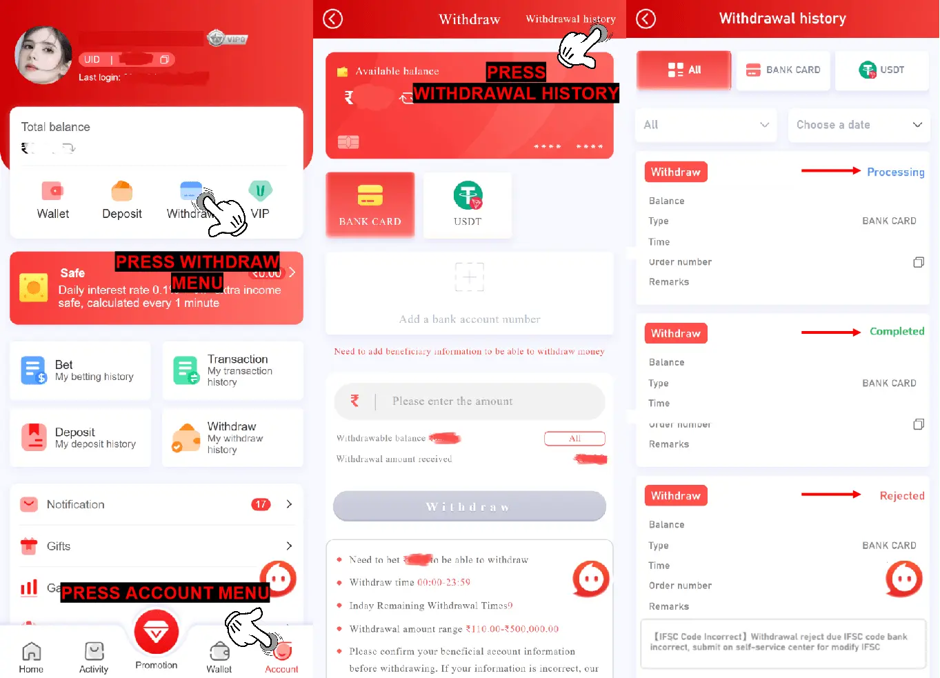 Guide on checking withdrawal status and transaction history in Raja app