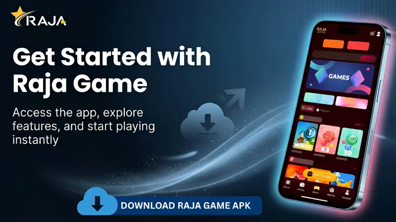 Raja Game APK preview showing mobile app interface and access screen