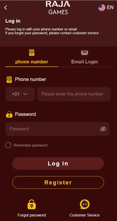 Raja Game login screen showing mobile number and password fields for account access