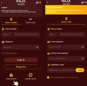 Raja Game forgot password and reset screen with verification and new password fields