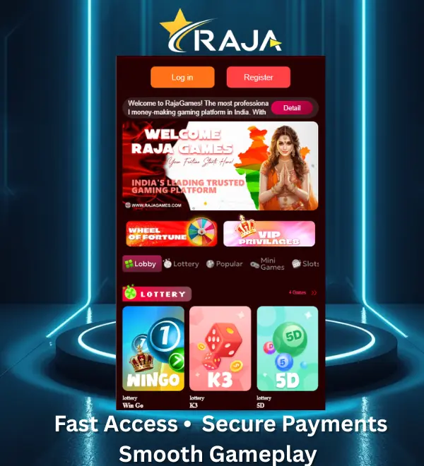 Raja Game platform interface showing games, wallet, and dashboard features